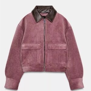 Corduroy Bomber Jacket with Leather Collar - Mauve Pink